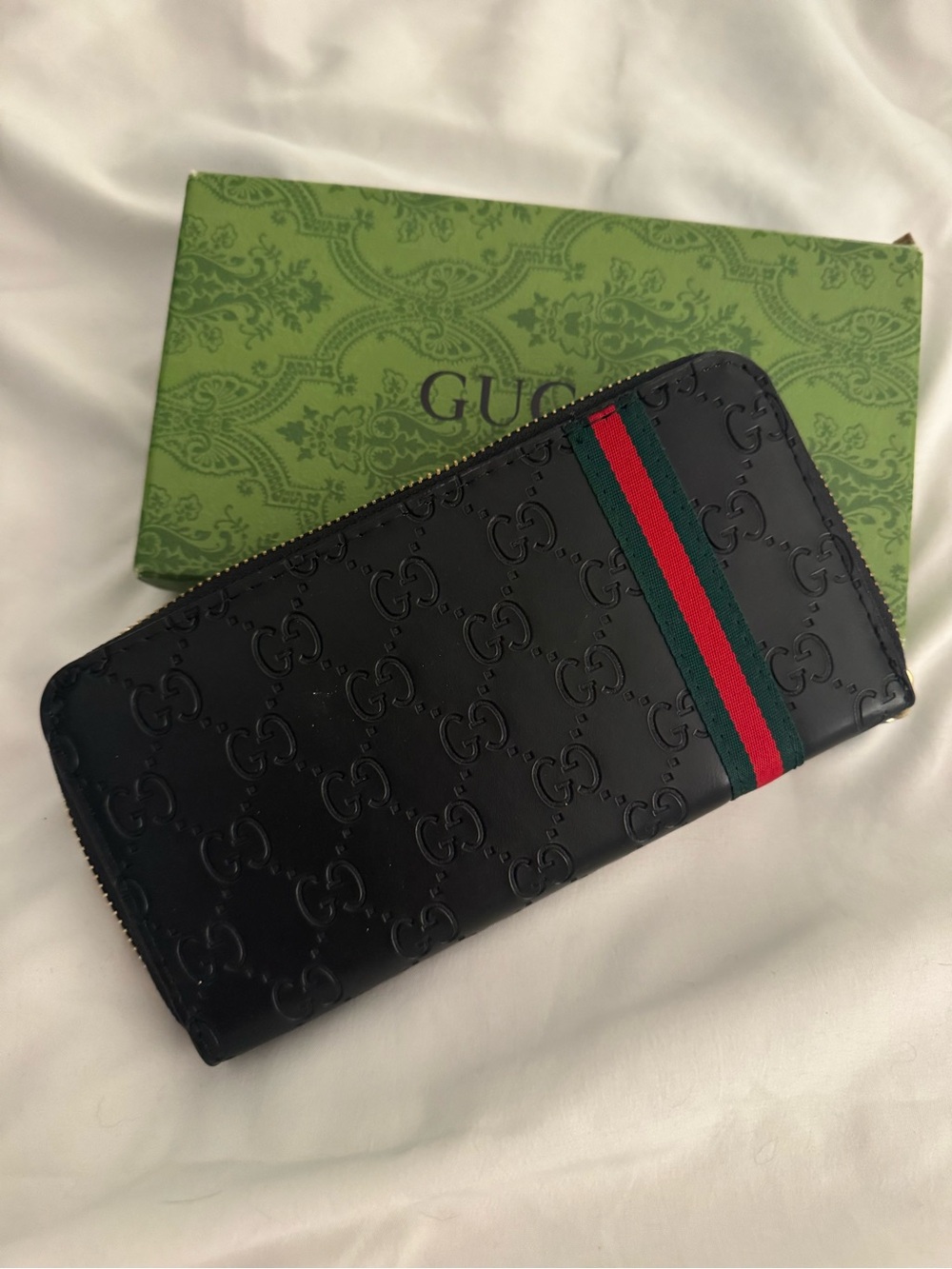 GG Black Embossed Leather Zip Wallet with Green and Red Stripe